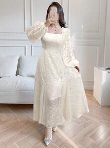 Modelyn Đầm dài thanh lịch cổ vuông tay đèn lồng Jacquard cho nữ - Màu be - Xem 1