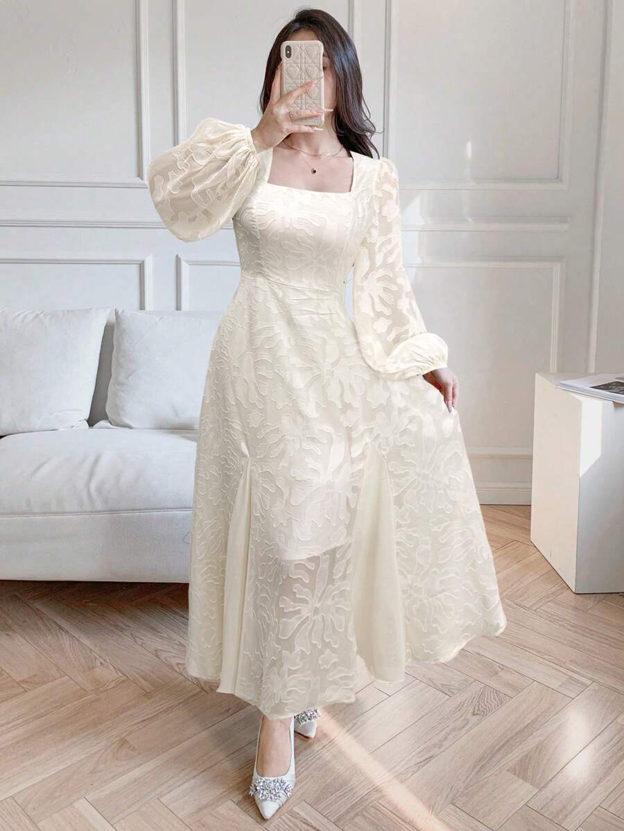 Modelyn Đầm dài thanh lịch cổ vuông tay đèn lồng Jacquard cho nữ - Màu be - Xem 1