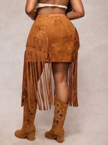 Slaydiva 2025 春夏新品节日波西米亚优雅度假纯色棕色流苏下摆半身裙，女式加大码下装 - 棕色 - 查看 2
