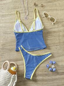 Swim Mod 2 件套 - 女士夏季格子吊带露背蝴蝶结短款上衣和比基尼泳裤沙滩泳衣 - 藍色 - 查看 5