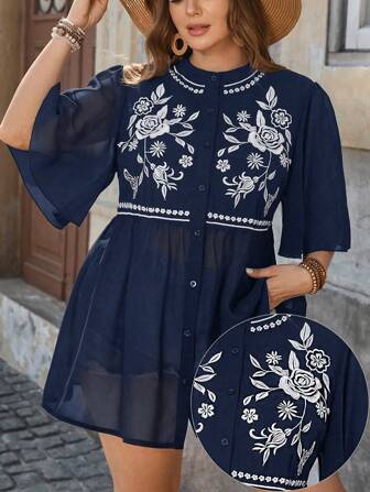 SHEIN VCAY 大码花卉刺绣宽松休闲衬衫