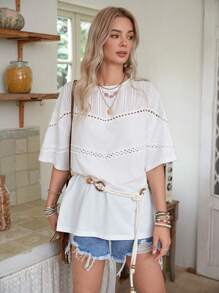 LanaWest 女士休闲纯色拼布提花面料和蕾丝边 - 白色 - 查看 5