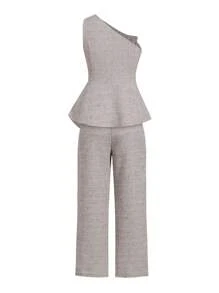Ellevyn Women Apricot Textured Fabric Asymmetrical Shoulder Top + Straight Leg Pants 2 Pieces Set, Summer Teacher Outfits Pieces Set, Business Casual Woman Linen Set, For Going Out - Light Grey - View 2