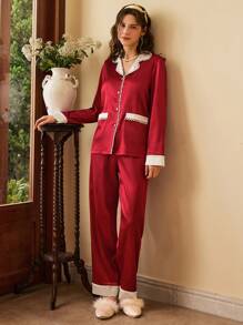 Côtesoire French Retro Elegant Color Block Lace Trim Satin Women Pajama Set