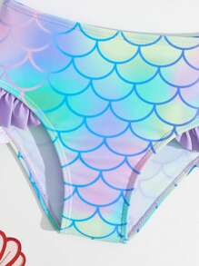Young Girl Fish Scales Print Ruffle Trim Bikini Set With Headband Summer Beach - Multicolor - View 5