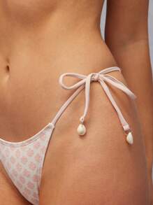 WESTFADE Spring Batik Floral Printed Mid Rise Cute Bow Tie Sides Seashell Charm High Cut Leg Bikini Bottoms Summer Beach Vacation