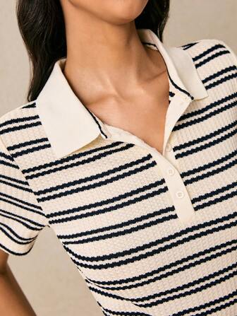 Poéselle Women's Striped Polo Collar Short Sleeve Casual T-Shirt,Classic Black And White Striped Short Sleeve Polo Shirt,Fashionable Women's Black And White Striped Polo Shirt, Old Money Polo Shirt Polo Shirts For Women