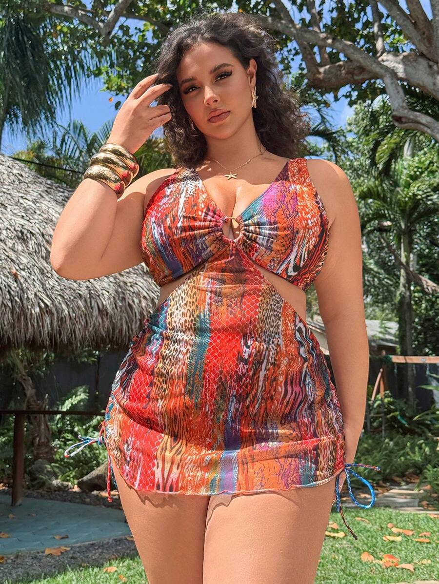 Swim Lushoire Plus Size 2pcs/Set Random Print Metal Ring Mesh Panel Drawstring Waist High-Waisted Bikini Swimsuit For Women, Elegant Beach Holiday For Summer Beach Vacation - Multicolor - View 1