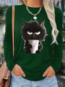SHEIN LUNE Women Cartoon Cat Print Casual Comfortable Versatile Long Sleeve T-Shirt, Graphic Tees, Women Tops For Spring - Green - View 1