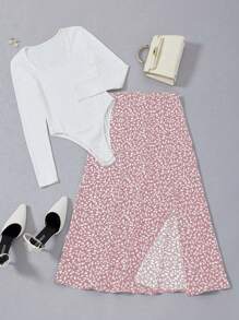 Franclia Plus Size Simple Solid Color Long Sleeve Bodysuit And Ditsy Floral High Slit Skirt 2 Pieces Set - Pink - View 4