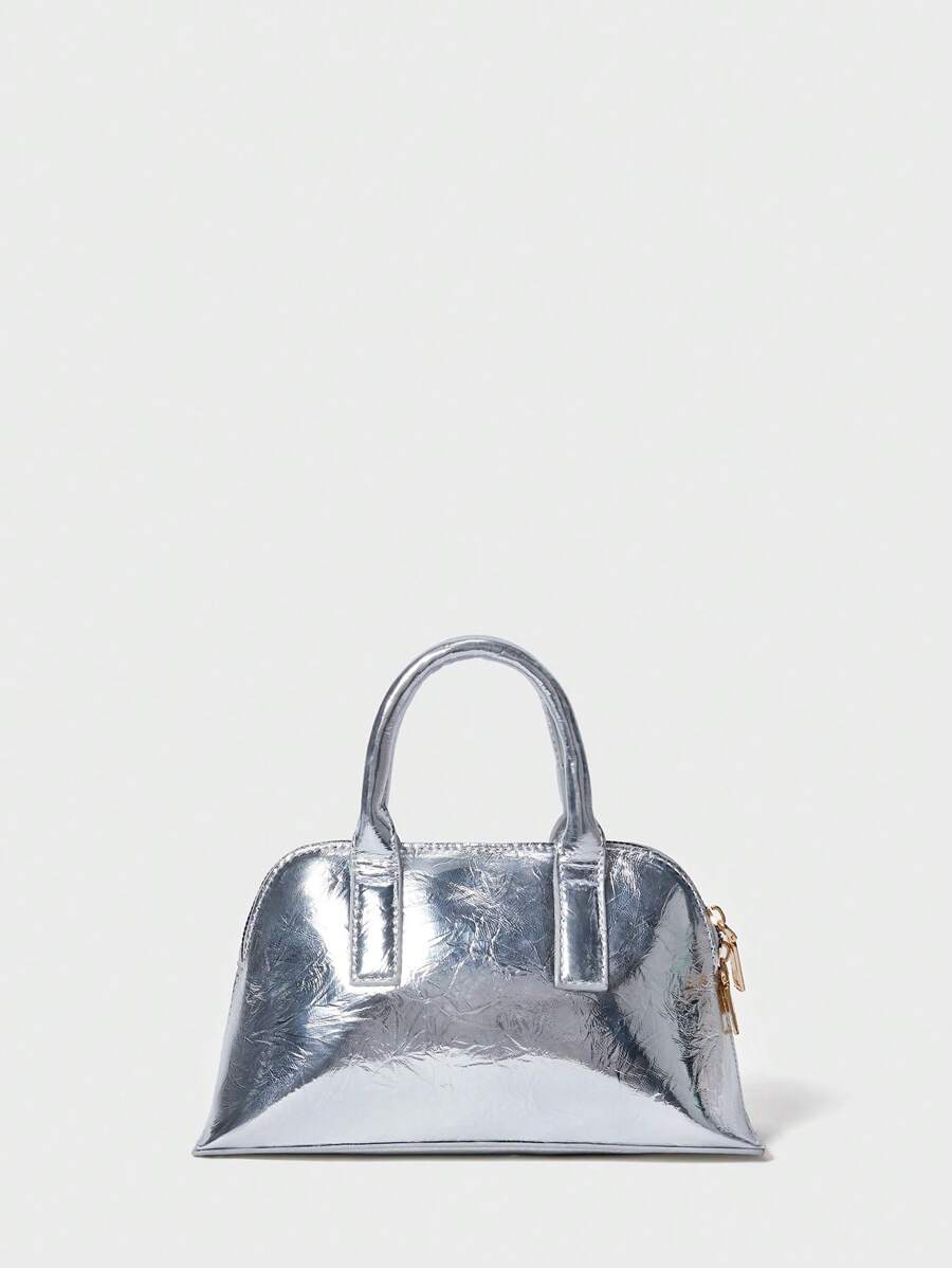 SHECARRY 1pc Silver Minimalist Zipper Casual Handbag - Silver - View 1