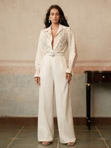 Anewsta Blusa elegante y romántica con decoración de perlas, casual y elegante para brunch, primavera y verano