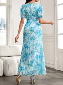 Modelyn 女士节日花卉印花泡泡袖拼布荷叶边下摆优雅连衣裙