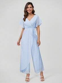 Amorya Solid Color Texture Flower Cutting Saint Patrick Day Butterfly Sleeve Wrap Belted Wide Leg Jumpsuit - Blue - View 8