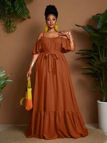 Maweii Plus Size Solid Color Ruffles Belted Casual Vacation Dress - Redwood - View 3