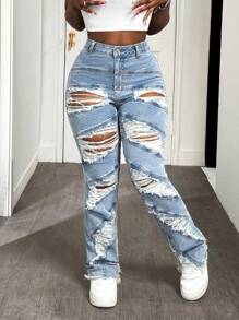 SHEIN Tall Jeans pitillo casual desgastados y lavados para mujer