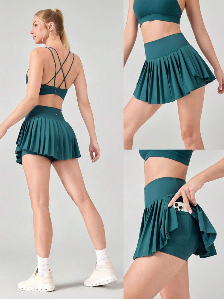 Saia de Tênis Plissada com Controle de Barriga Embutido e Bolsos Laterais, Adequada para Tênis, Golfe e Uso Diário