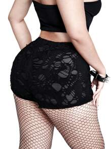 Whyspr Casual Punk Rave Plus Size Perforated Fabric Casual Women Shorts - Black - View 1