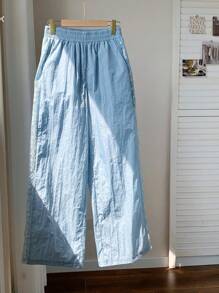 Comfortcana Women Floral Embroidery Elastic Waist Wide Leg Loose Casual Pants - Baby Blue - View 4