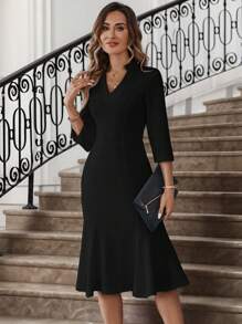 EMERY ROSE Women's Solid Color Notch Neck Elegant Business Midi Dress - Black - View 5