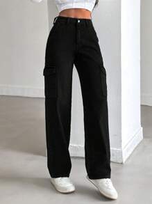 RueChic 100%Cotton Jeans With Side Flap Pockets - Black - View 3