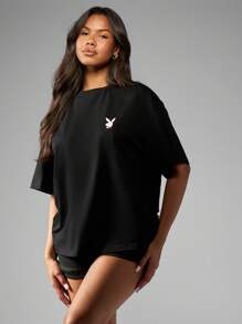 Missguided x Playboy Camiseta oversize para estar en casa, pijama, estampado gráfico, logo, ropa urbana casual de verano, ropa deportiva urbana, confort de fin de semana, moda Y2K