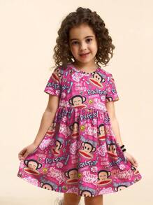 Paul Frank X SHEIN Vestito estivo rosa A-line con stampa di scimmie per ragazza
