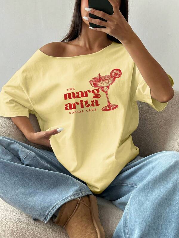 Flirla Oversized Yellow Spring Loose Asymmetrical Neck T-Shirt With Margarita Martini Cocktail Print