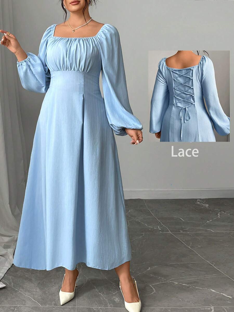Modelyn Plus Size Woven Long Sleeve Gathered Waist A-Line Dress - Blue - View 1