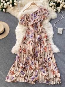 Reflora 大码优雅花卉印花百褶连衣裙，度假装 - 杏色 - 查看 13