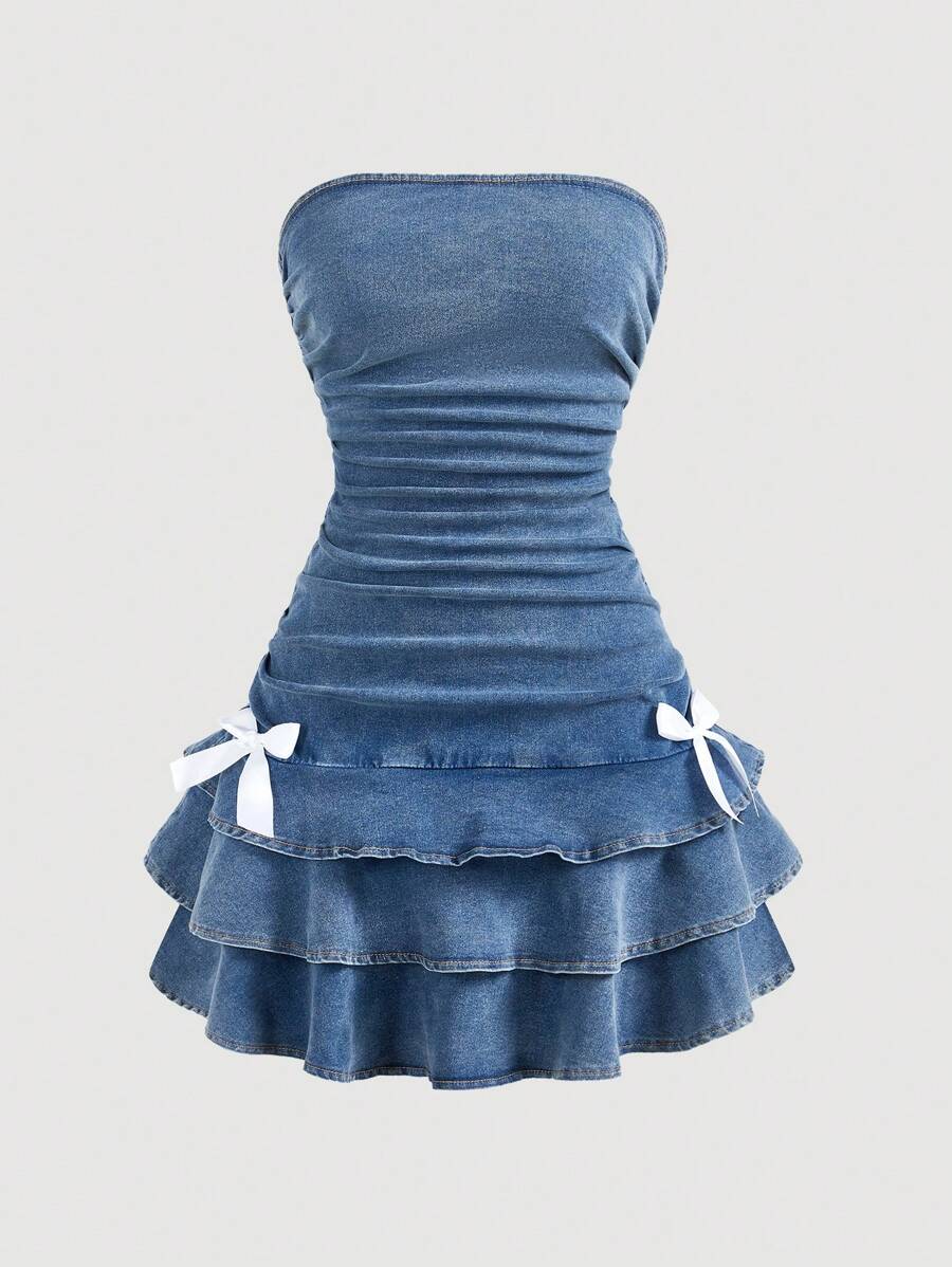 Váy denim ống bo gấu trang trí nơ đơn giản mùa hè cho nữ - Màu xanh lam - Xem 1