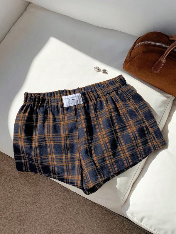 Comfortcana Women Summer Elastic Waist Plaid Print Patch Design Casual Shorts