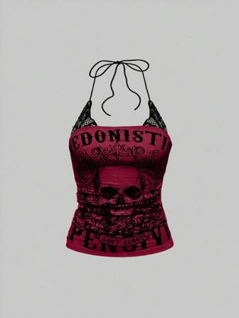 Grunge Punk Top smanicato da donna stile Y2K, punk, con stampa scheletro, in pizzo e patchwork, 2 in 1 con collo alto