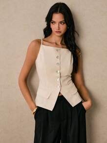 Poéselle 女式夏季通勤V领荷叶边下摆衬衫 - 杏色 - 查看 7