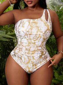 Slaydiva Plus Size Women One-Piece Swimsuit Featuring Hollow Shoulder And Cinched Waist Design, Suitable For Beach Holidays For Summer Beach Vacation - White - View 6