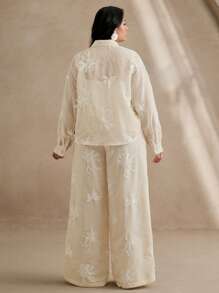 Anewsta 2pcs Set: Fashionable Elegant Vacation & Festival Collared Embroidered Sheer Long Sleeve Blouse Top & Straight Waistband Pants, Spring/Summer, Suitable For Graduation - Apricot - View 2