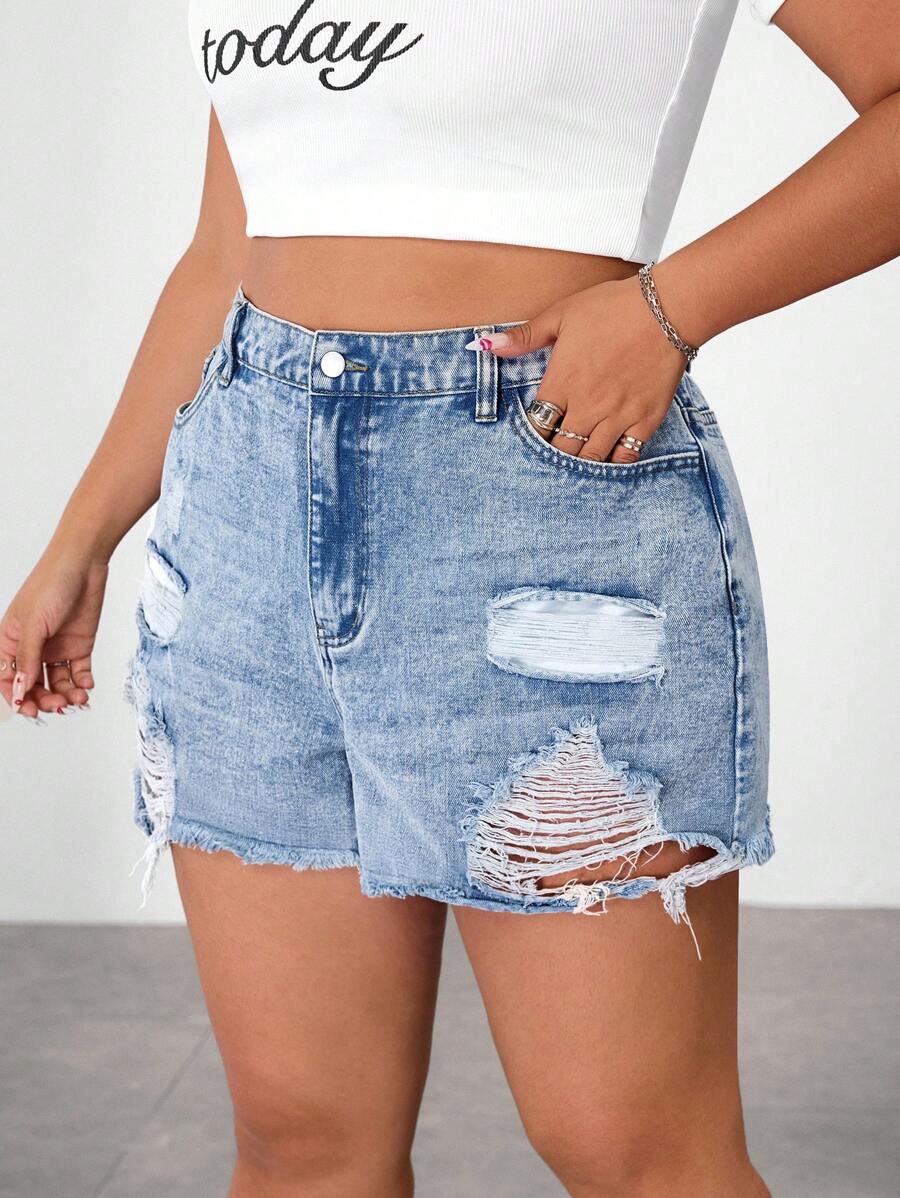 SHEIN ICON Pantaloncini di jeans stropicciati casual estivi taglia curvy - Lavaggio chiaro - Visualizzare 1