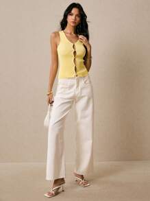 Poéselle Maglietta casual a tinta unita senza maniche e monopetto in maglia da donna