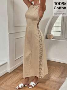 Siren Gaze Vestido casual largo de mujer de unicolor con cuello redondo y anillo lateral en la cintura