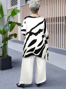 EMERY ROSE 2pcs Plus Fashion Granny Fall Clothes Curvethanksgiving Women Outfit Size Casual Contrast Color Asymmetric Hem Top And Pants Set, Autumn,Summer Outfits For Women Women Summer Clothing,Vacation Outfits Woman - White - View 2