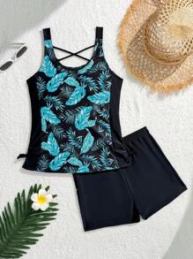 SHEIN Conjunto deportivo de traje de baño ajustado para adolescente con cuello redondo sin mangas, lazo lateral, diseño minimalista y cómodo
