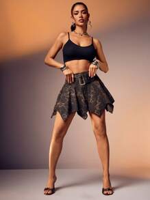 Denimoi Leopard Belted Mini Skirt With Uneven Hem