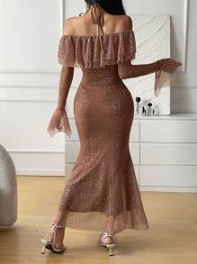 DAZY Women's Elegant Ruffle Flare Sleeve Fish Tail Hem Midi Dress Prom Dress Sequin - Champagne - View 3