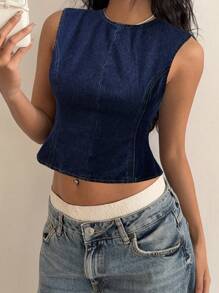 SHEIN ICON Women's Dark Wash Denim Sleeveless Round Neck Backless Tie-Back Crop Top - Dark Wash - View 4