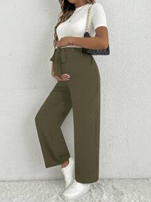 SHEIN Maternity Casual Woven Fabric Long Pants With Knot Detail In Army Green For Everyday Comfort