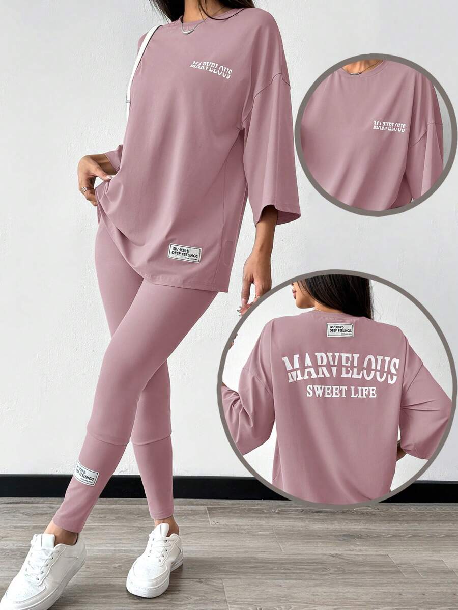 Mulvari Women's Casual Two-Piece Outfit: Knitted Pink Long Sleeve Top And Legging Set With Marvelous Graphic Print - Pink - View 1