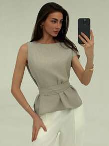 Aloruh 春夏新款简约短袖不对称单肩收腰修身亚麻衬衫 - 卡其色 - 查看 6