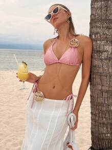 SHEIN Swim Damen 2 Stücke sexy elegantes Sommer Strand Bikini-Set mit Blumendekor, rosa und apricotfarbenes Dreieck-Oberteil und -Unterteil