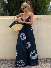 Livesso Tie-Dye Print Spaghetti Strap Dress For Women With Drawstring Vacation Outfits Women Cruise Outfit For Women - Navy Blue - View 4