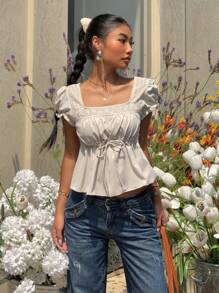 Serisse 女士纯色撞色蕾丝娃娃装上衣、夏季T恤、母亲节、方领上衣 - 杏色 - 查看 3